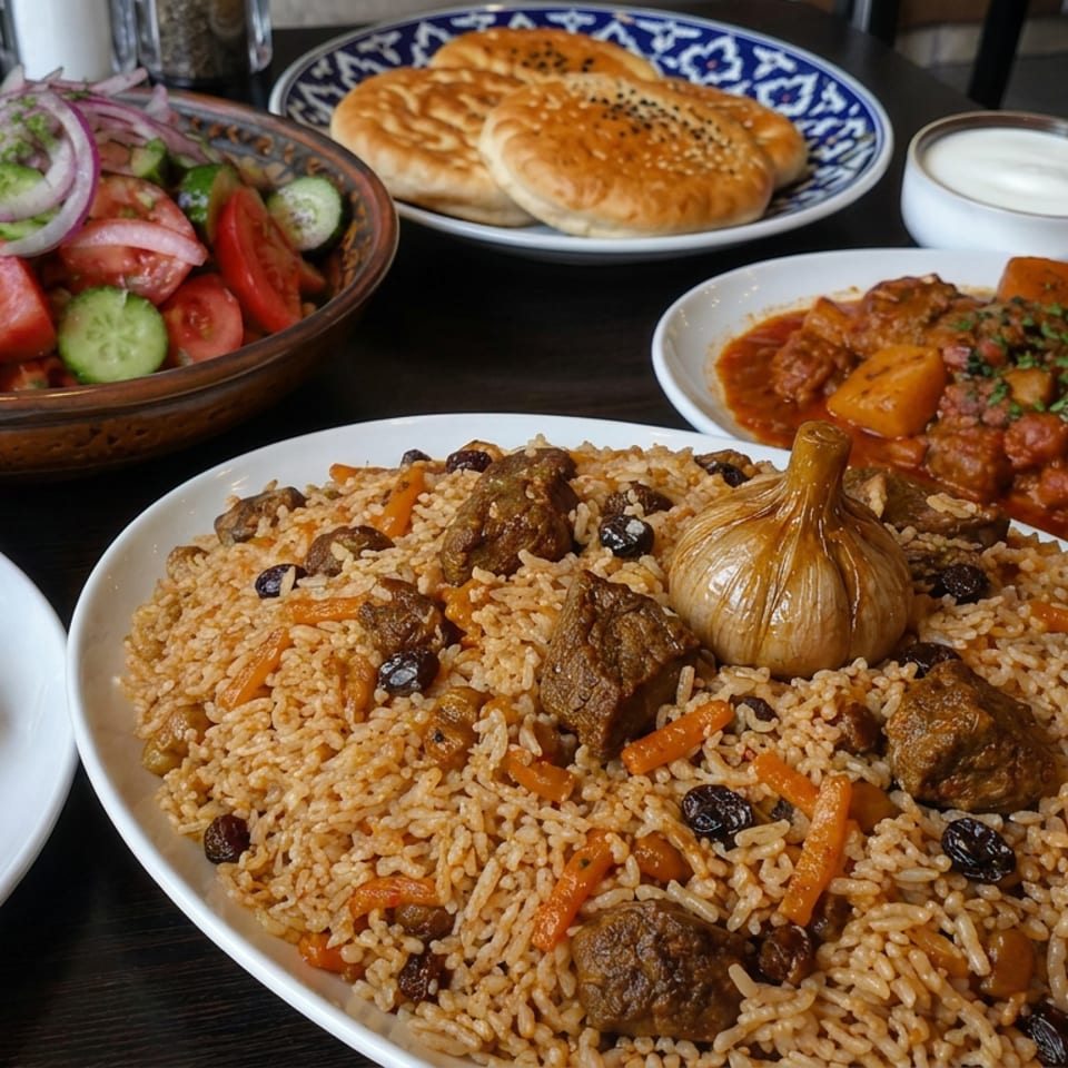 Uzbek-style feast featuring plov with lamb, carrots, raisins, and garlic, alongside dumplings, salad, flatbread, yogurt, and stew.
