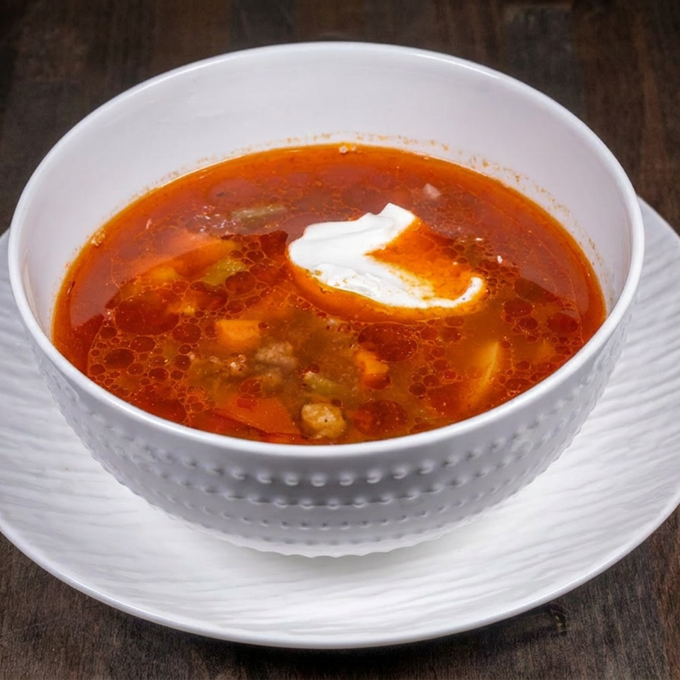 Bowl of spicy red soup topped with sour cream, served on a white plate over a wooden table.
