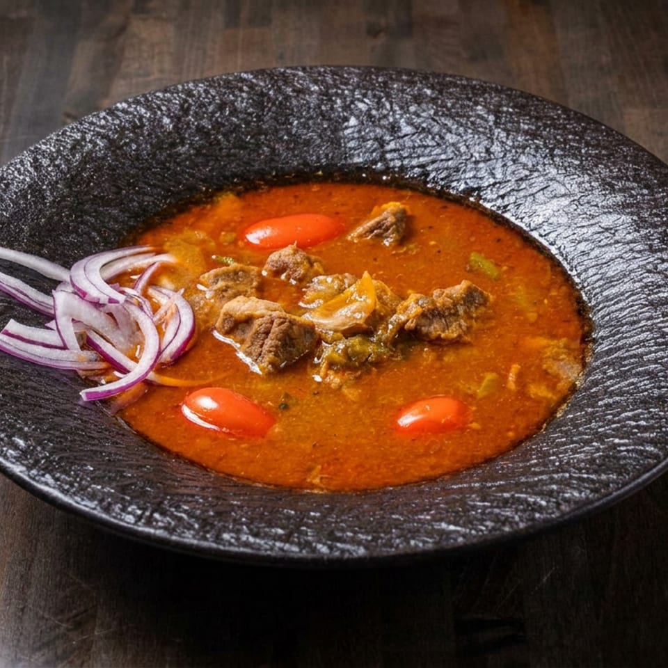Bowl of rich red stew with chunks of meat, cherry tomatoes, and sliced red onions on a black plate.