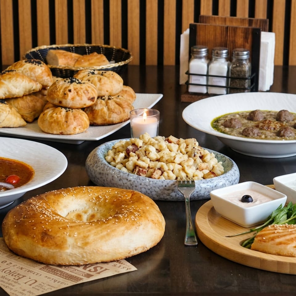Middle Eastern restaurant spread featuring pastries, sesame bagel, meatball stew, soup, creamy dips, olives, and fried dough.