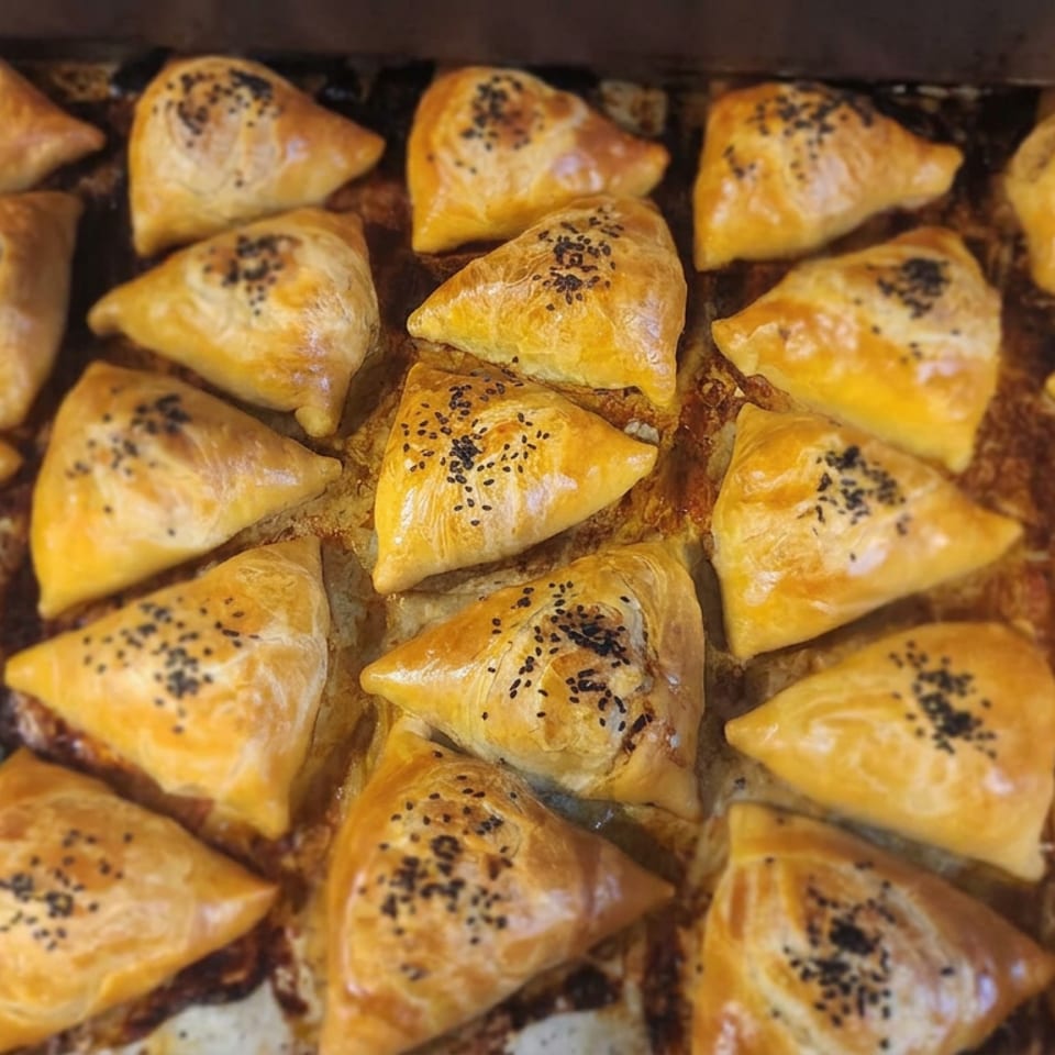 Tray of golden triangular pastries topped with black sesame seeds.