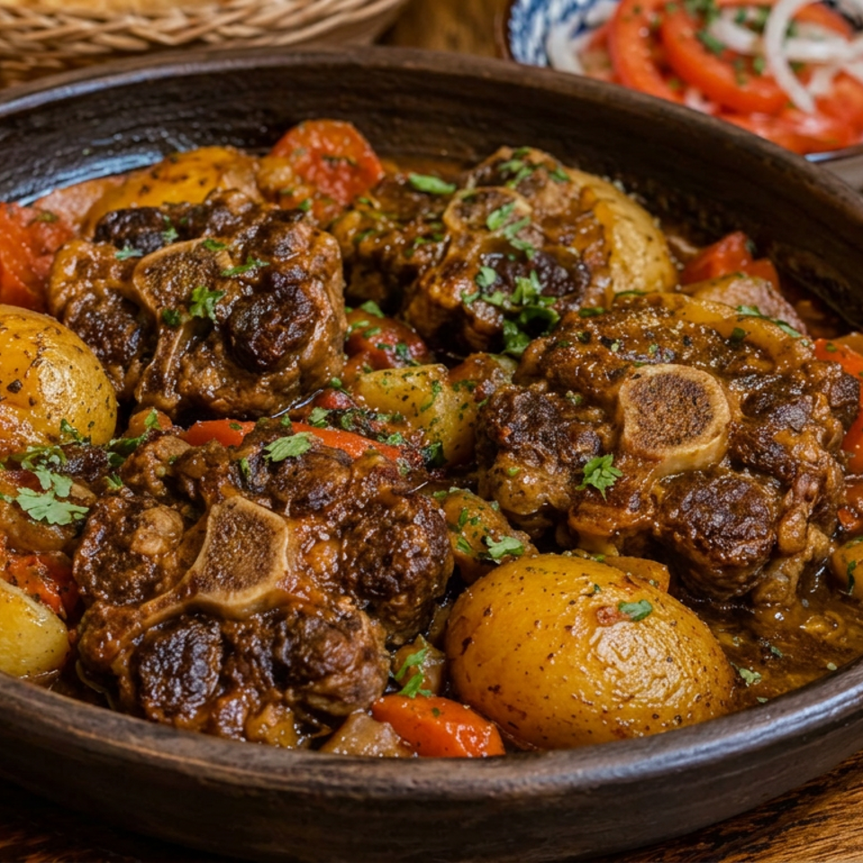 Moroccan-style beef shank stew with potatoes, carrots, tomatoes, and herbs served in a rustic ceramic dish.