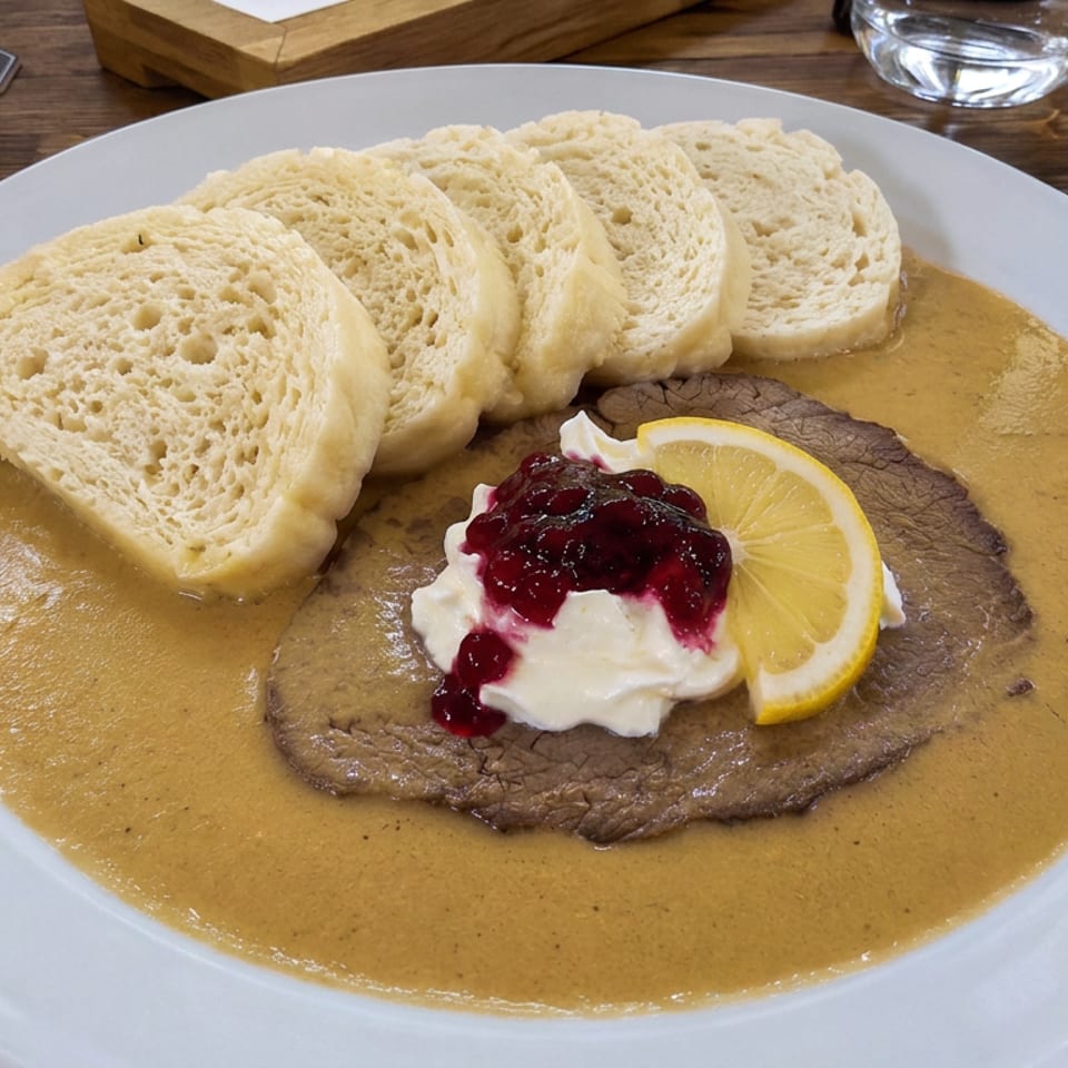 Sliced bread dumplings and beef topped with cream, berry sauce, and lemon, served in brown gravy on a white plate.