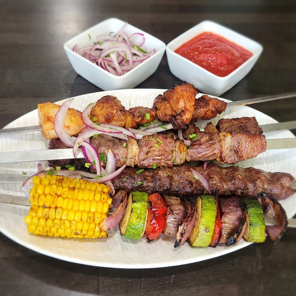 Grilled meat skewers with vegetables and corn on a platter, served with sliced onions and red sauce.