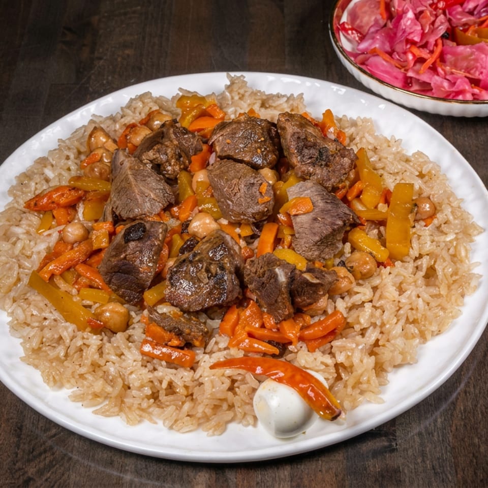 Plate of rice topped with grilled meat, carrots, peppers, chickpeas, and chili, served with pink pickled cabbage.