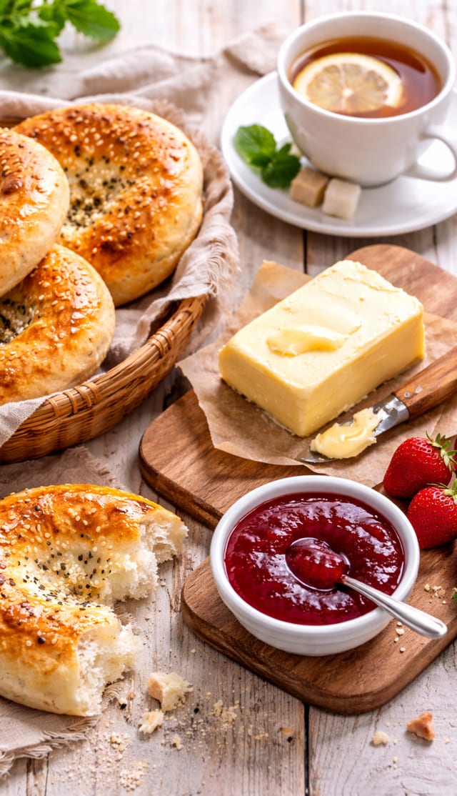 Uzbek Non (Bread) & Farm Butter with Jam and Tea.