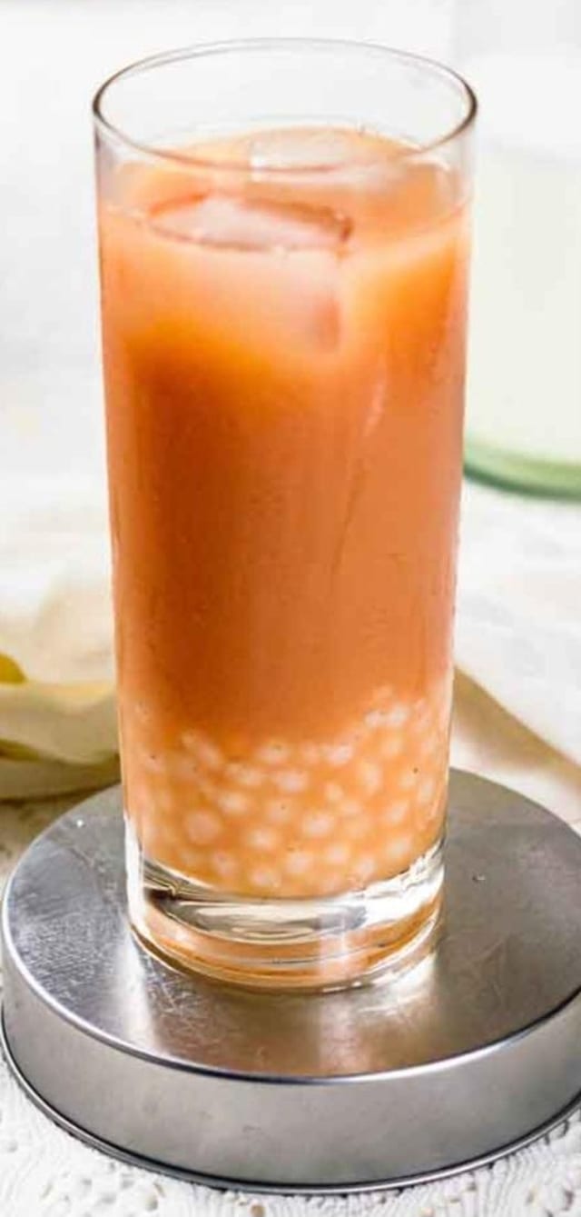 Lychee Milk Tea with Popping Boba.