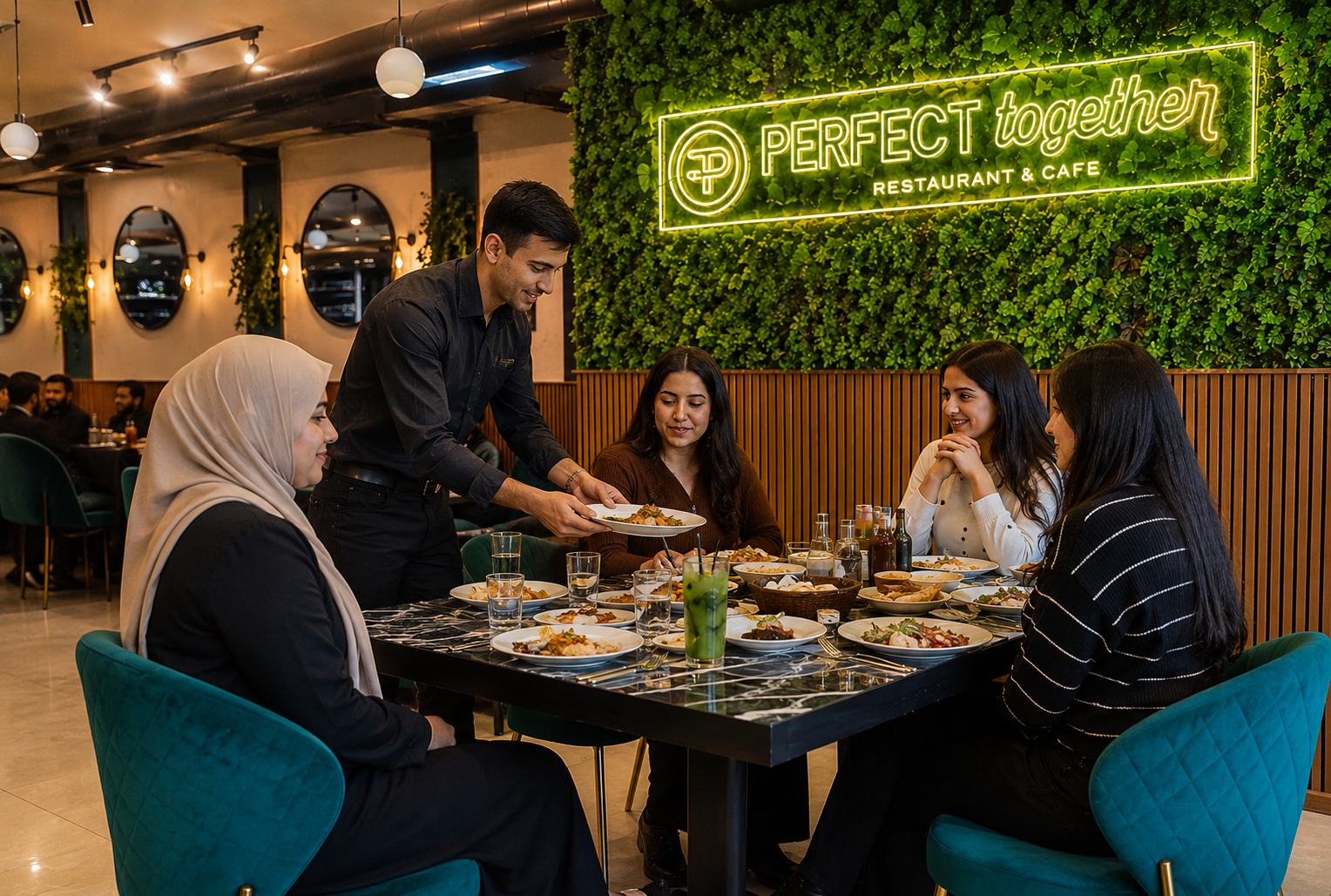 Group gathering at Perfect Together Restaurant — halal dining experience Philadelphia