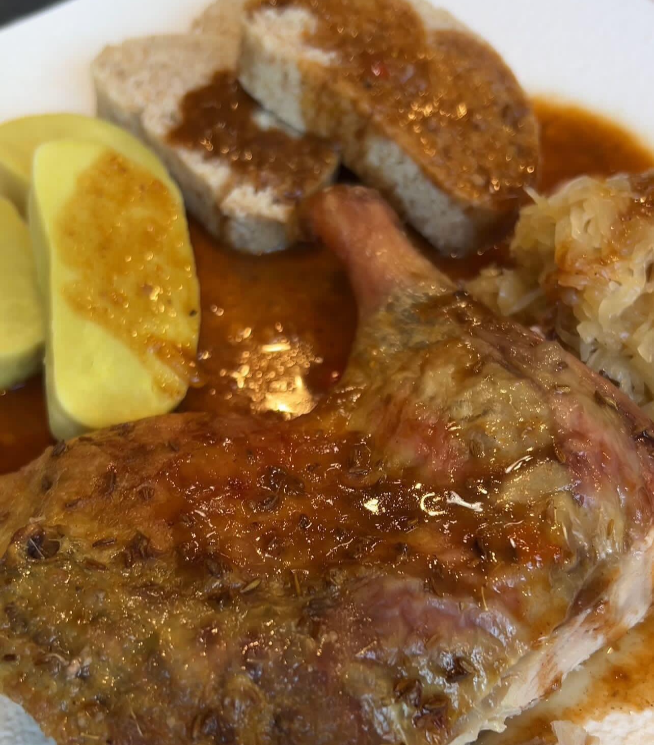Roasted Czech Duck served with braised cabbage and dumplings at Perfect Together halal restaurant Philadelphia